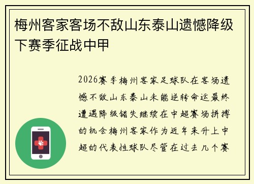 梅州客家客场不敌山东泰山遗憾降级下赛季征战中甲