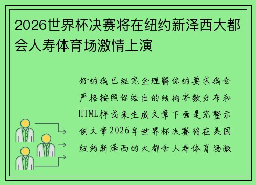 2026世界杯决赛将在纽约新泽西大都会人寿体育场激情上演